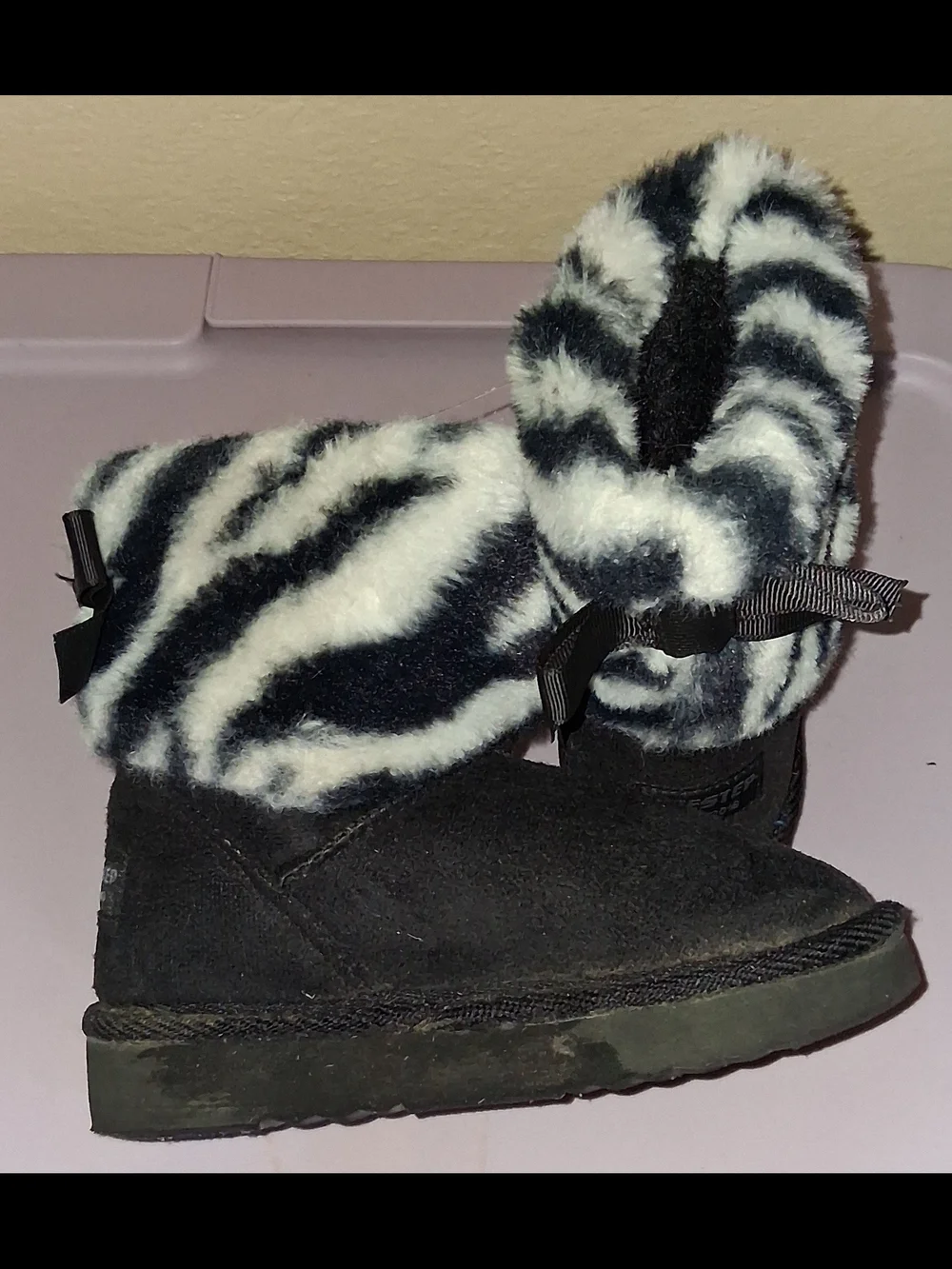 Girls Black Faux Suede Boots with Zebra Faux Fur Cuff
